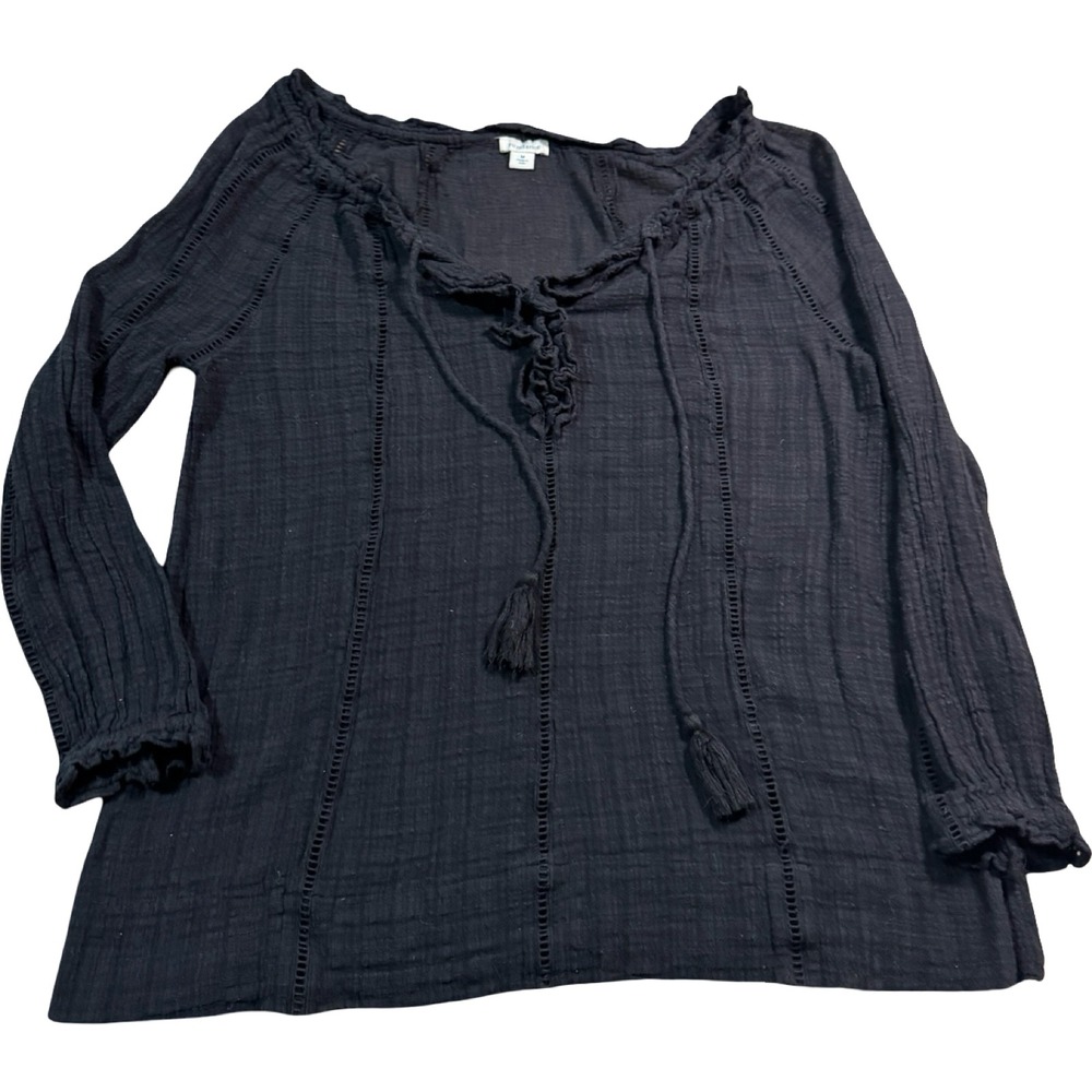 Sundance Black Gauze Cotton Lace Up‎ Tassel Tunic Blouse Top Women's M